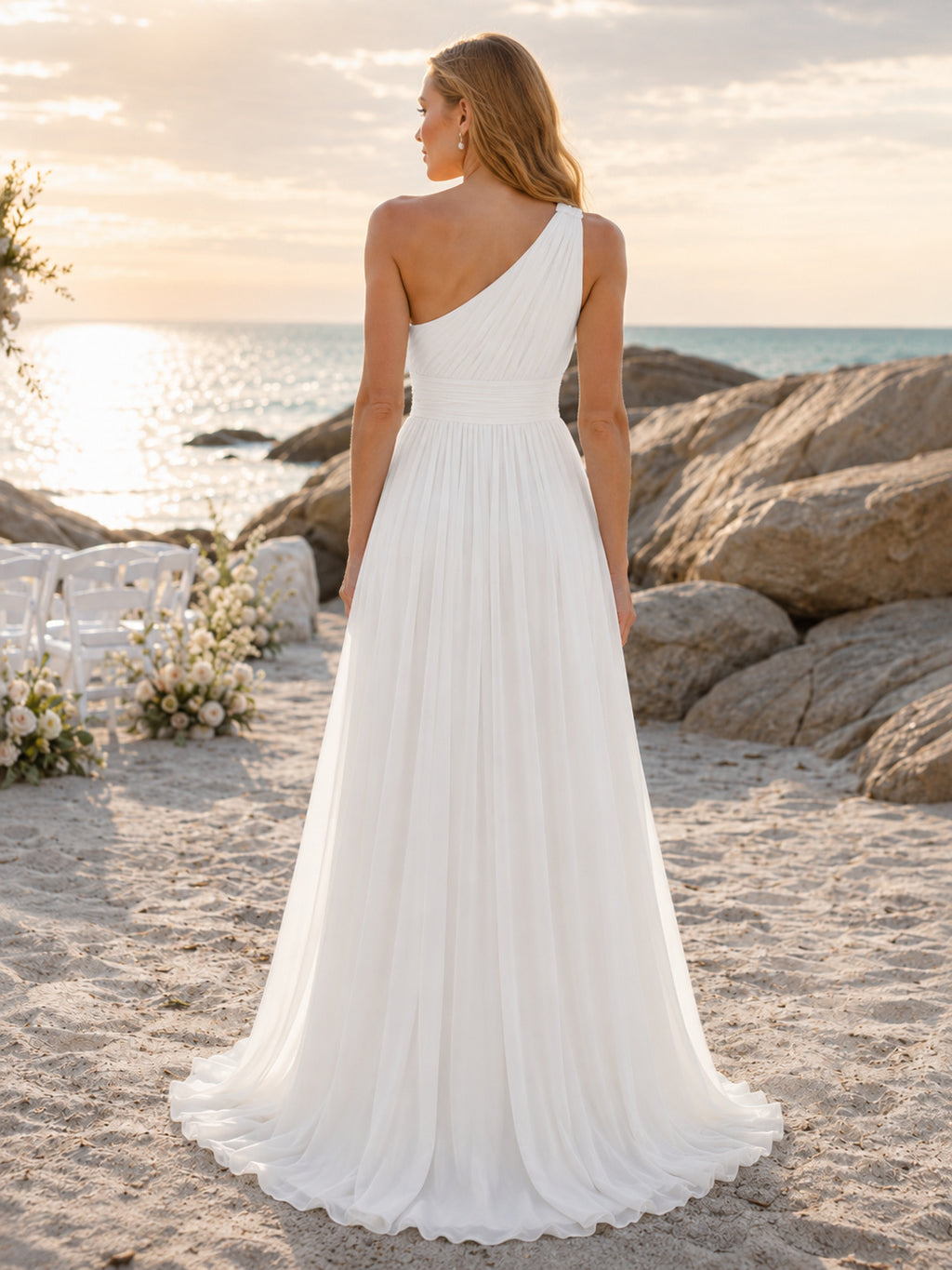 Quick Ship One-Shoulder Chiffon Ocean Ceremony Bridal Gown back view