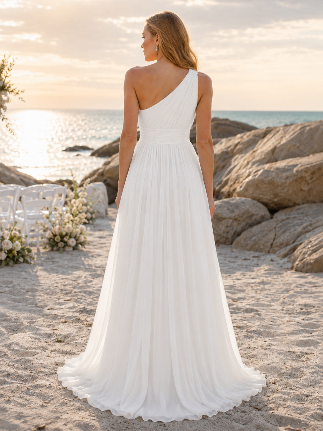 Quick Ship One-Shoulder Chiffon Ocean Ceremony Bridal Gown back view