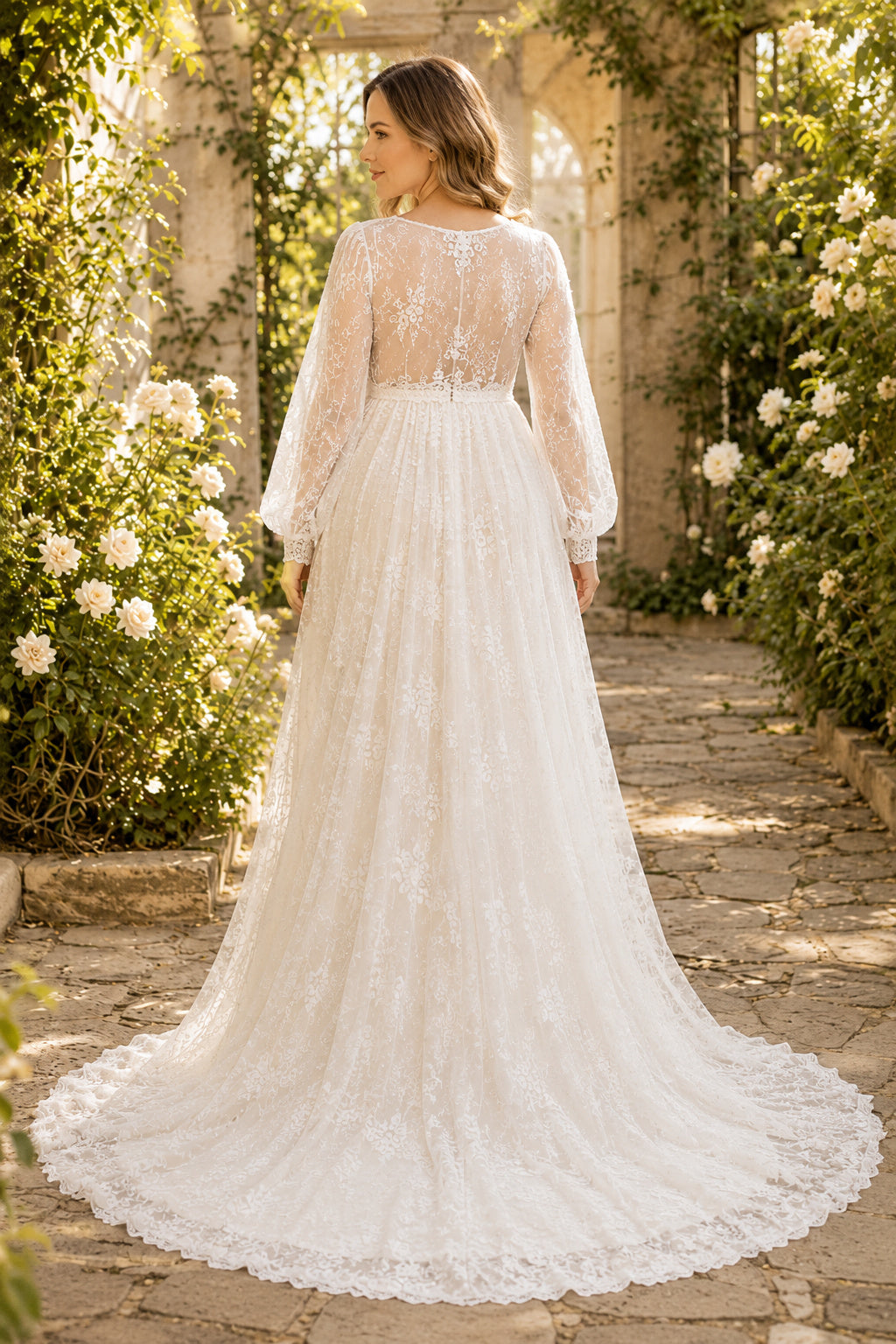Ivory Maternity V-Neck Long Sleeve Lace A-Line Wedding Dress with Full Train back view