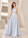 Two Piece Sky Blue One Shoulder Satin A-Line Formal Wedding Dress front view