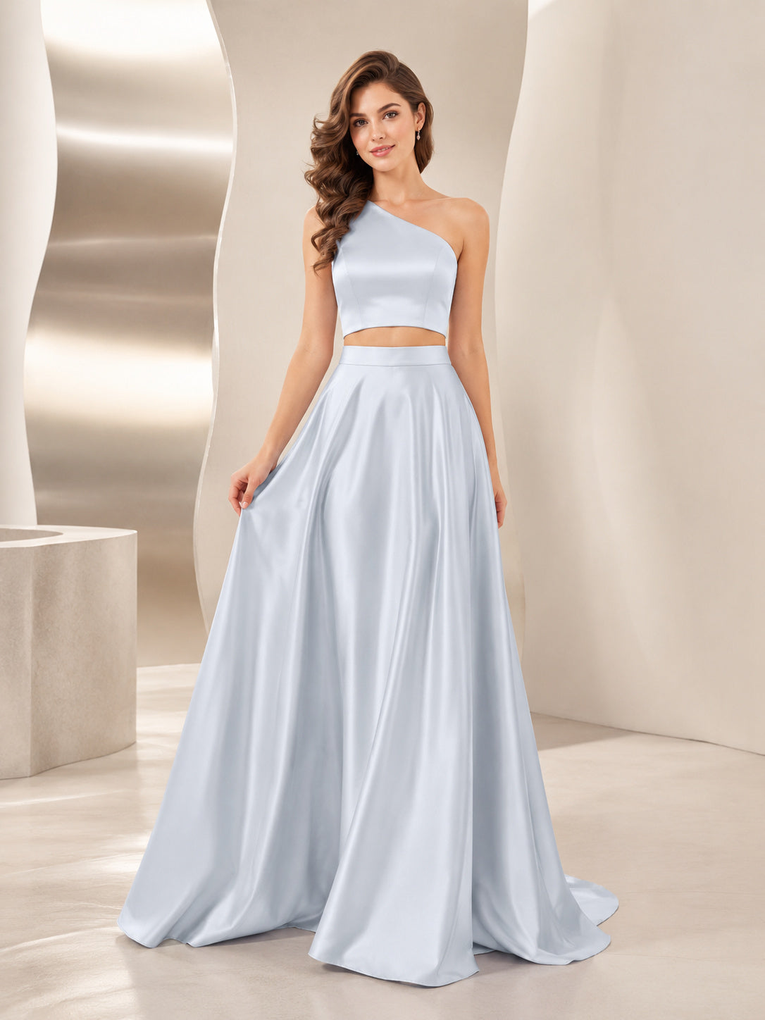 Two Piece Sky Blue One Shoulder Satin A-Line Formal Wedding Dress front view