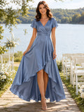 Dusty blue V neck flutter sleeve high low bridesmaid dress front view