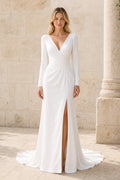 Champagne V-neck Flutter Sleeves Sheath Satin Floor-length Wedding Dress With Pleated Skirt and Layered Skirt and Open Back