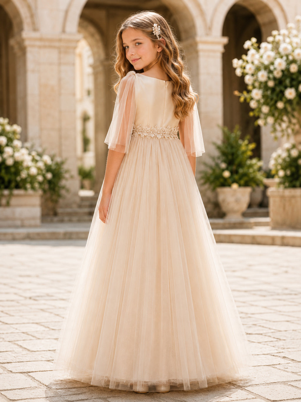 Champagne Draped Tulle Illusion Sleeve A-Line Floor-Length Floral Elegant Flower Girl Garden Dress back view