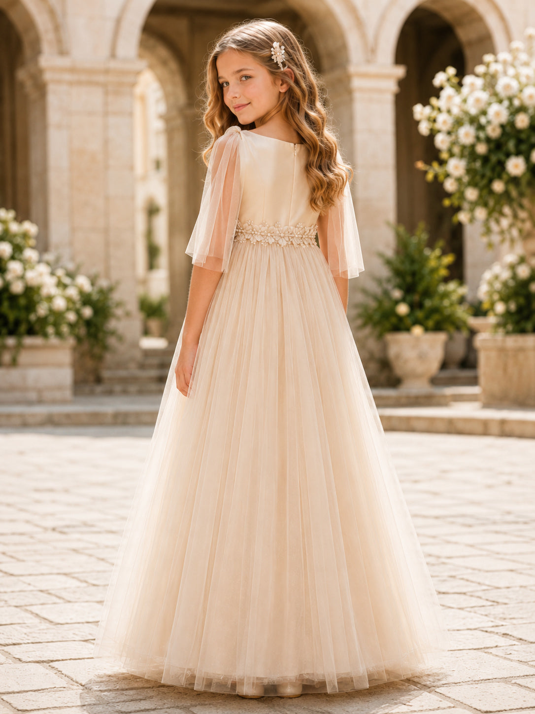 Champagne Draped Tulle Illusion Sleeve A-Line Floor-Length Floral Elegant Flower Girl Garden Dress back view