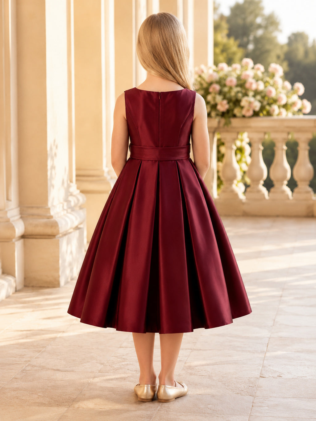 Burgundy Satin Sleeveless Tea-Length A-Line Flower Girl Garden Wedding Dress back view