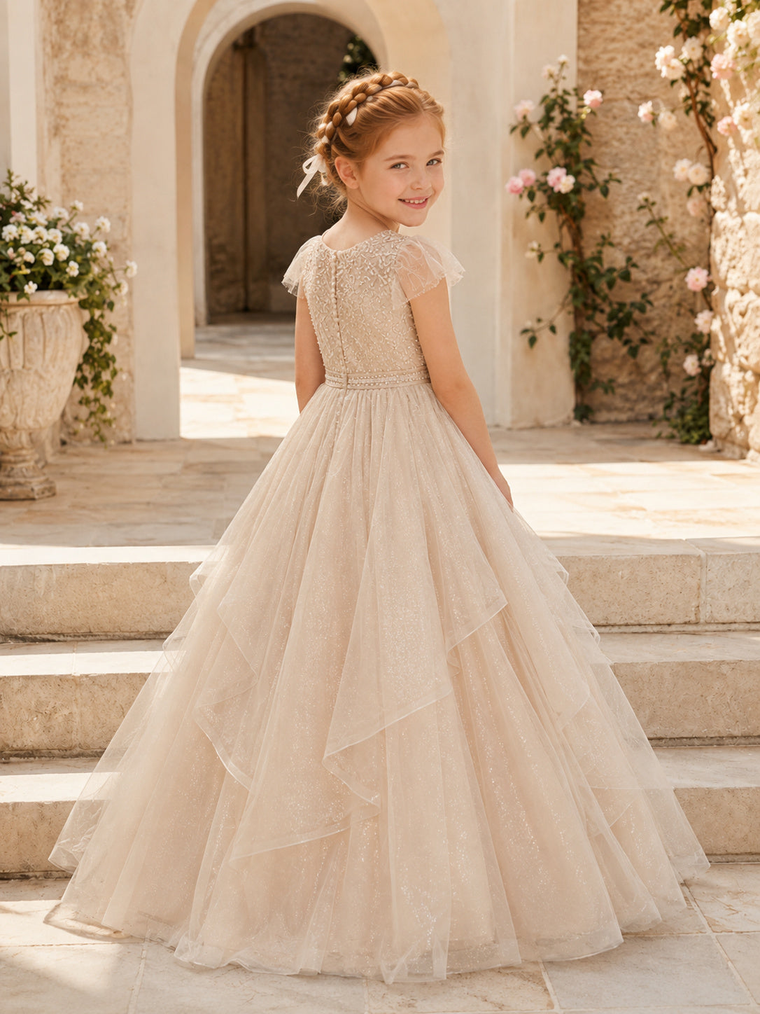 Champagne Flower Girl A-Line Tulle Sequined Jewel Neck Petal Sleeve Layered Ruffle Floor-Length Dress back view