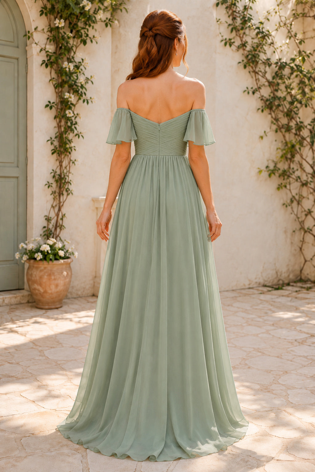 Sage Off-the-Shoulder Flutter Sleeve Chiffon A-Line Bridesmaid Dress with Floor Skirt back view