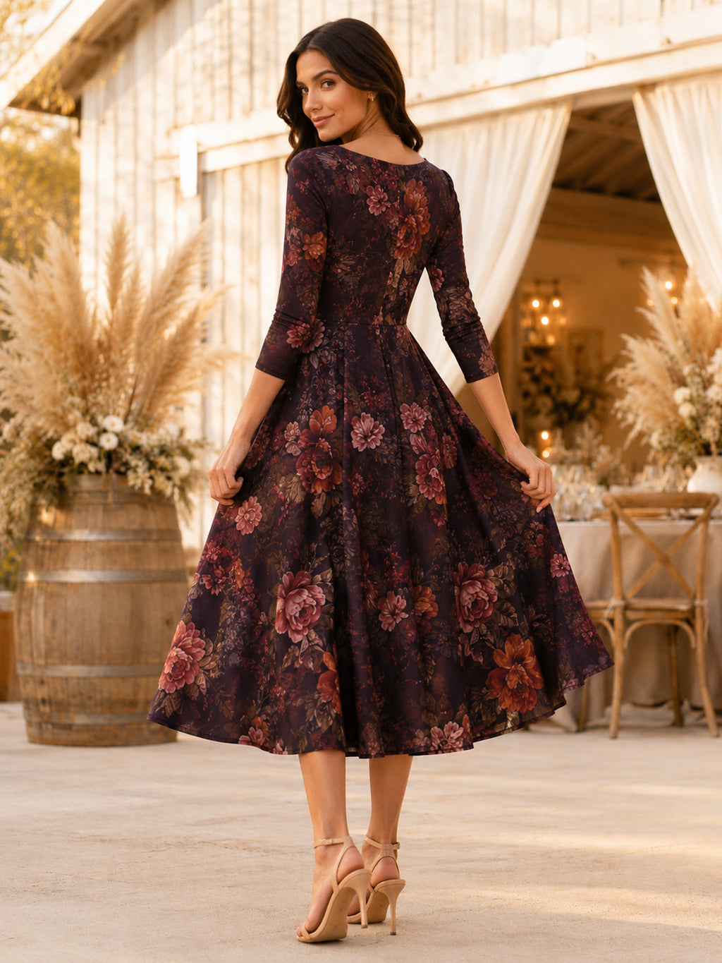 Plum Floral Sweetheart Long Sleeve Velvet A-Line Midi Guest Dress back view