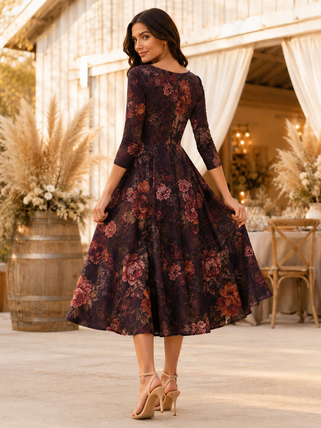 Plum Floral Sweetheart Long Sleeve Velvet A-Line Midi Guest Dress back view