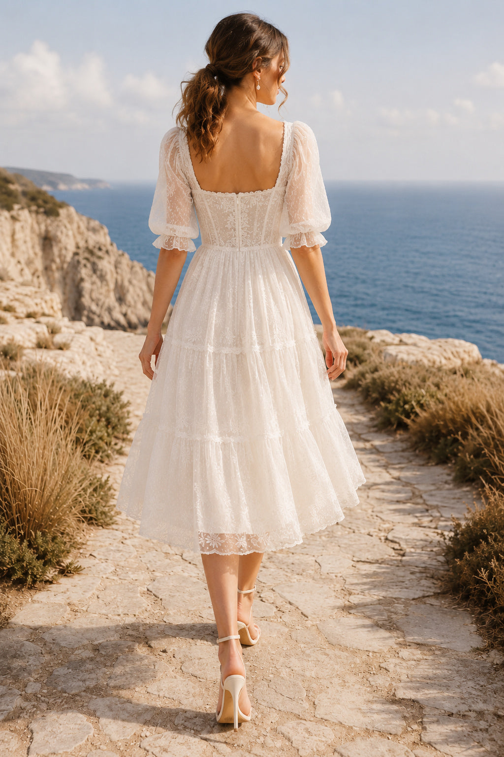 Ivory Square Neck Tea-Length Tulle Wedding Dress with Puff Sleeves and Lace Trim back view