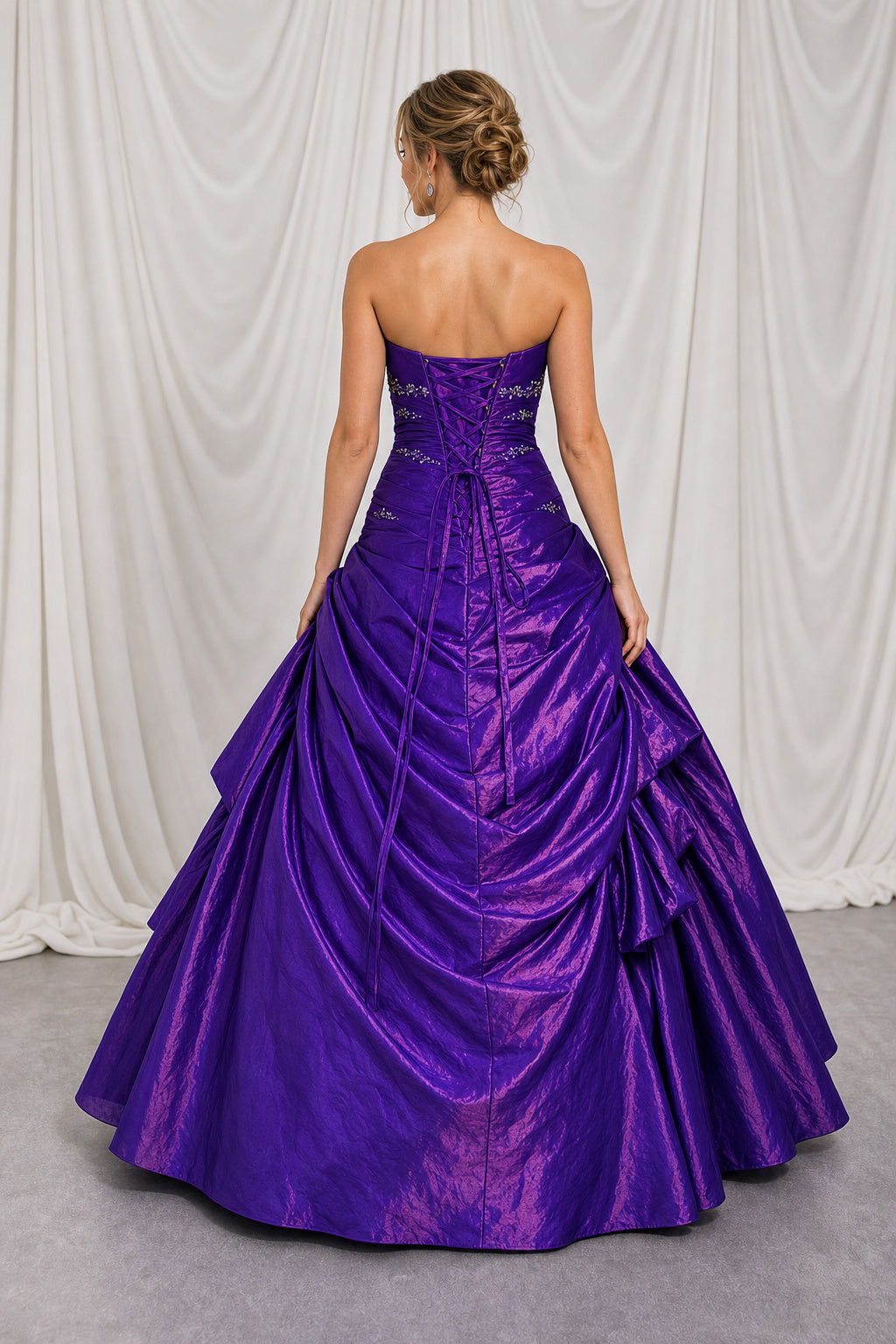 Purple Strapless Sweetheart Ball Gown Satin Floor-Length Dress With Pick-Up Skirt