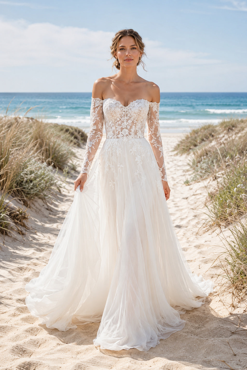 Ivory Off-the-Shoulder Long Sleeve Lace A-Line Wedding Dress with Tulle Skirt front view