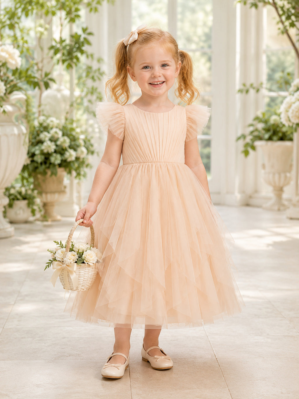 A-Line Petal Tulle Flower Girl Dress Jewel Neckline Tea-length and A Satin Sash And Bow Accent front view