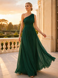 Dark Green Chiffon One-Shoulder Floor-length Evening Dress front view