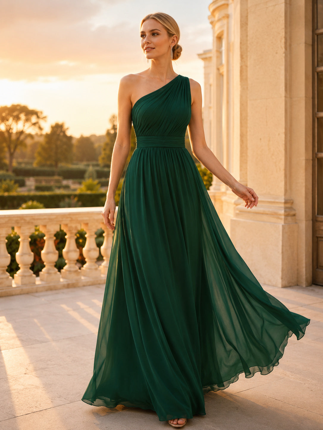 Dark Green Chiffon One-Shoulder Floor-length Evening Dress front view