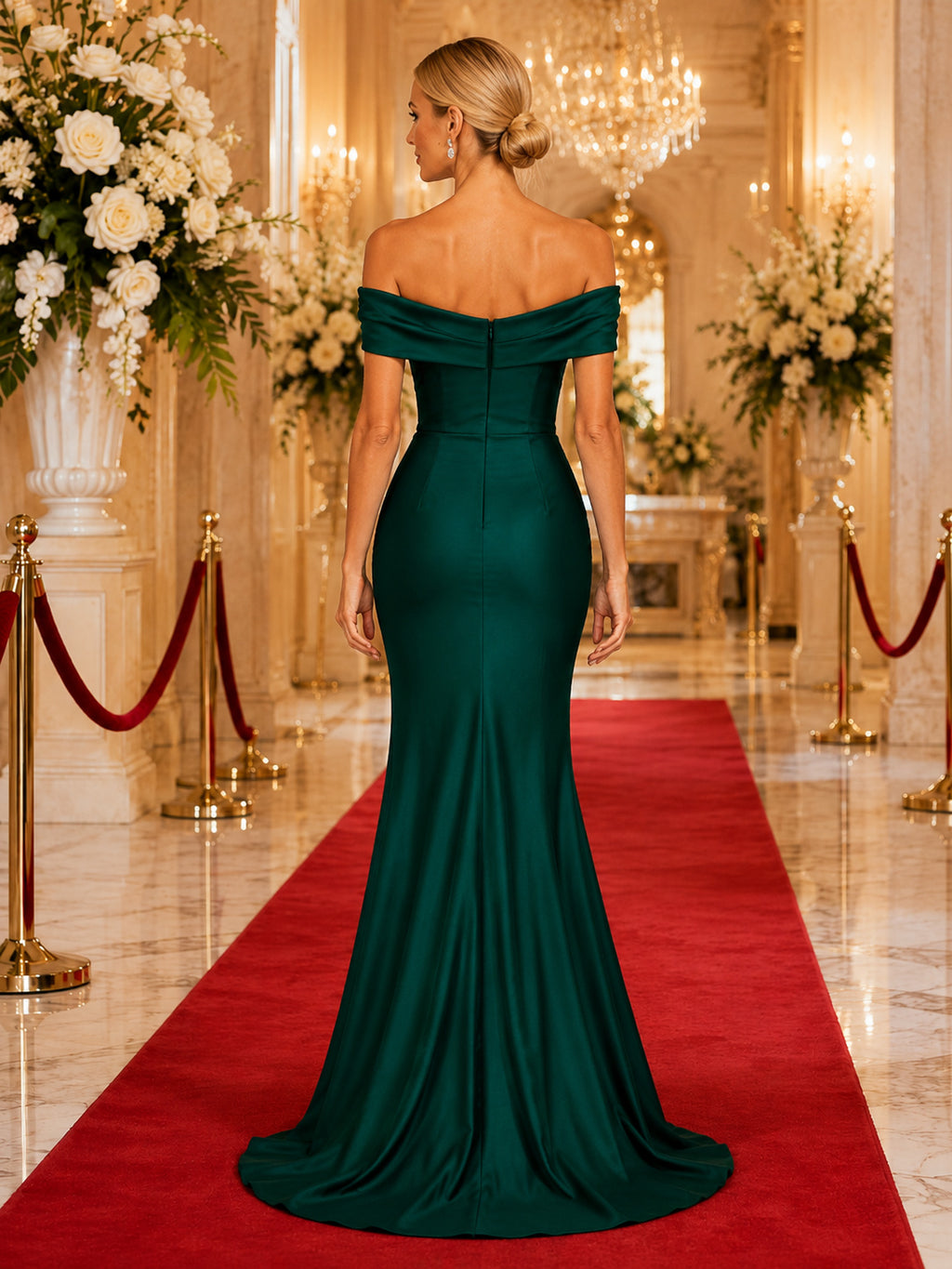 Dark Green Glamorous Gala Wedding Guest Bridesmaid Evening Formal Dress Mermaid Trumpet Floor-Length Off-Shoulder Sweetheart