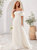 Simple Boho Off-Shoulder Flutter Sleeve Chiffon A-Line Sweep Train Destination Wedding Dress front view