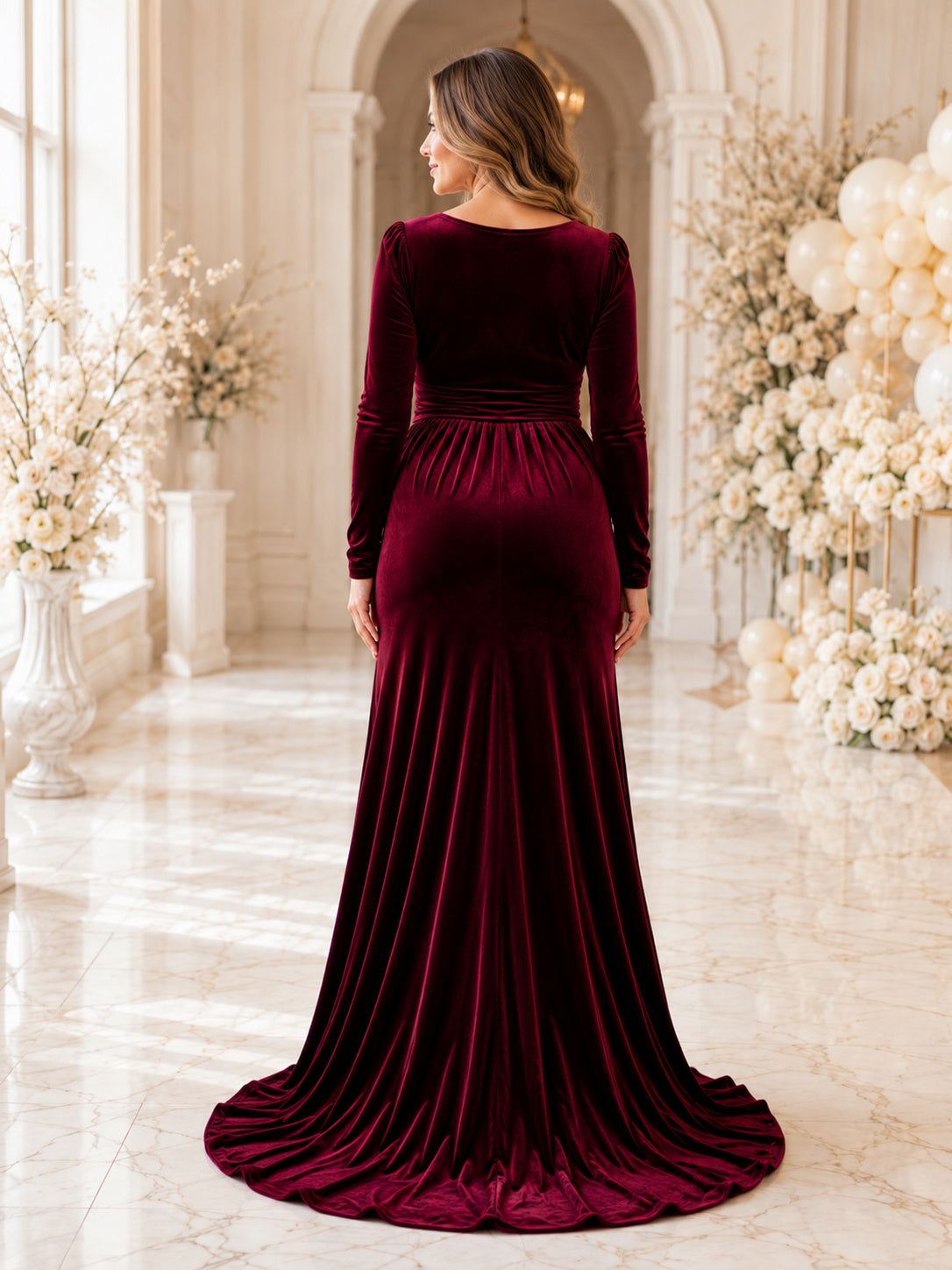 Burgundy Luxury Maternity Long Sleeve V Neck Velvet Mermaid Floor Length Evening Gown back view