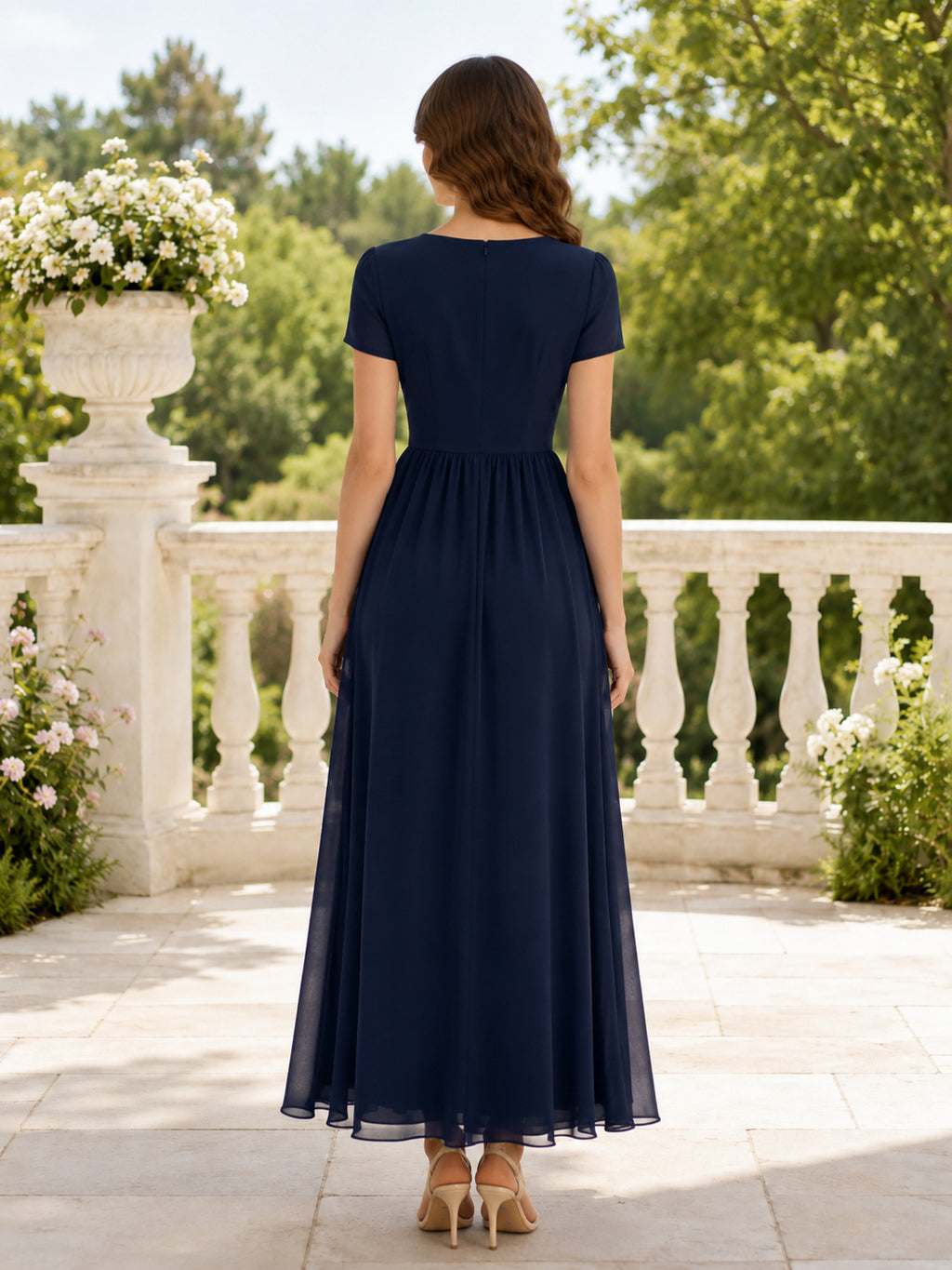 Dark Navy Modest Short Sleeve Chiffon A-Line Ankle Length Konfirmation Gown back view