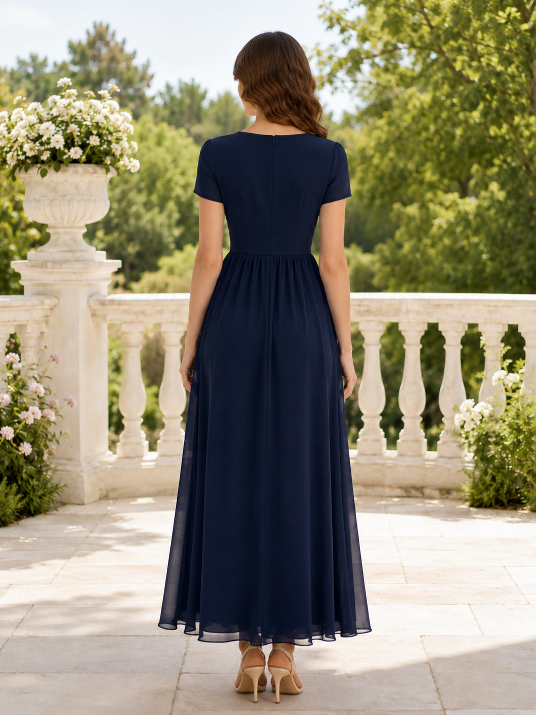 Dark Navy Modest Short Sleeve Chiffon A-Line Ankle Length Konfirmation Gown back view
