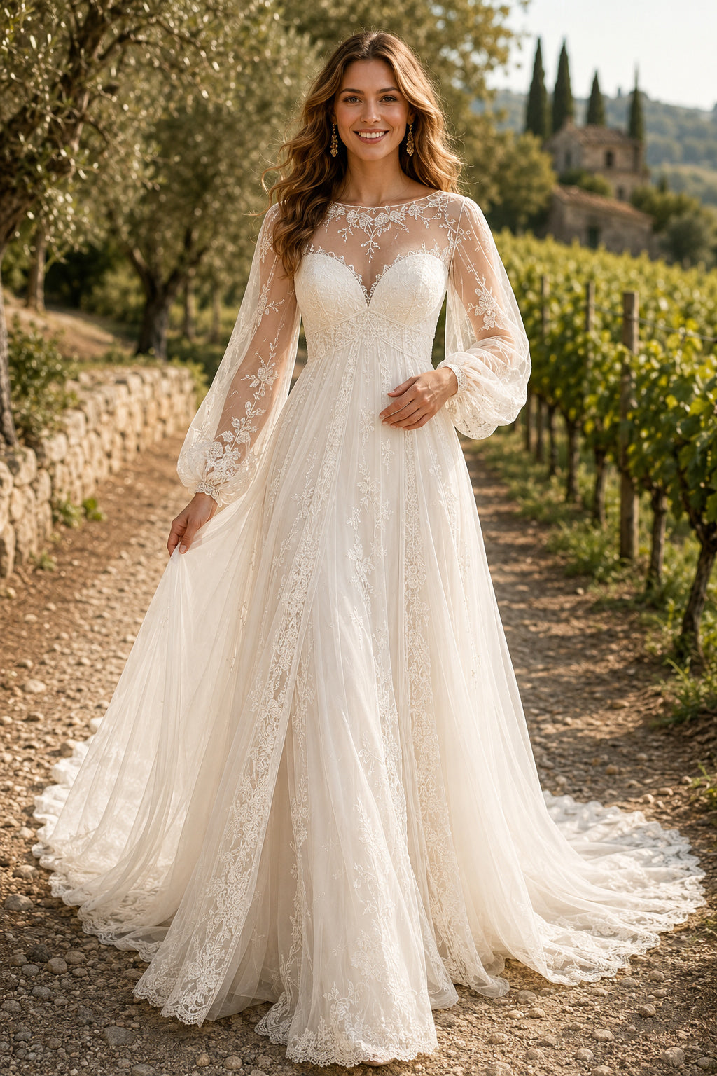 Ivory Bishop Sleeve Illusion Lace A-Line Wedding Dress with V-Neck and Chapel Train front view