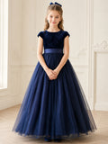 Navy Velvet Tulle A-Line Flower Girl Dress with Short Sleeves, Jewel Neck, Floor-Length Skirt and Bow Detail front view