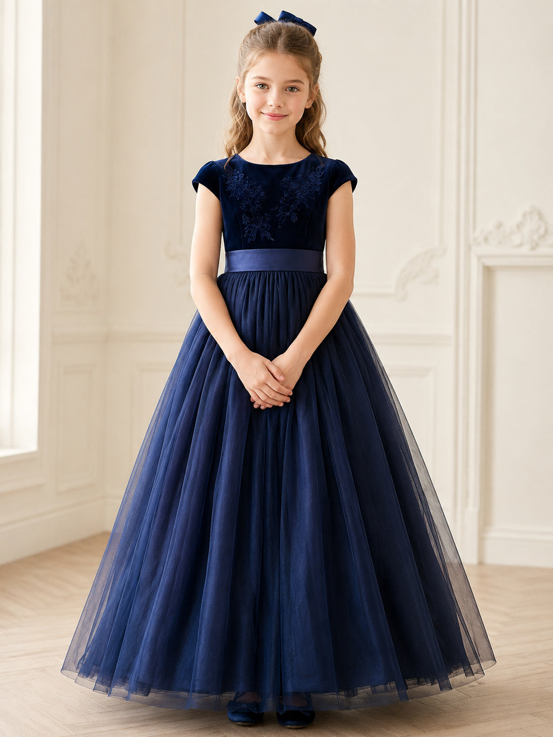 Navy Velvet Tulle A-Line Flower Girl Dress with Short Sleeves, Jewel Neck, Floor-Length Skirt and Bow Detail front view