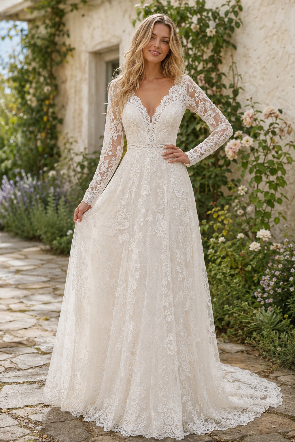 Ivory V-Neck Long Sleeve Lace A-Line Wedding Dress with Deep V Back and Sweep Train front view