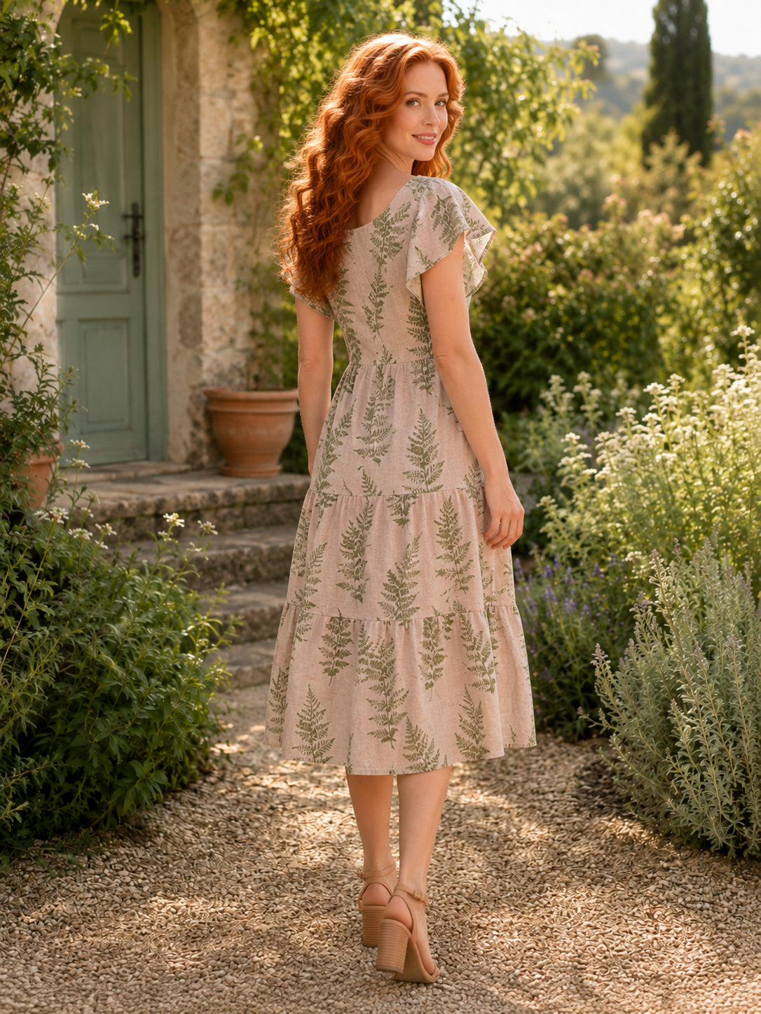 Soft Fern Print V-Neck Cap Sleeve Garden Midi Dress back view
