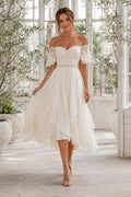 Off-the-Shoulder Tea-Length Tulle Wedding Dress with Flutter Sleeves front view