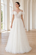 White V-neck Long Sleeves A-Line Lace Floor-length Wedding Dress With Lace and Lace Bodice