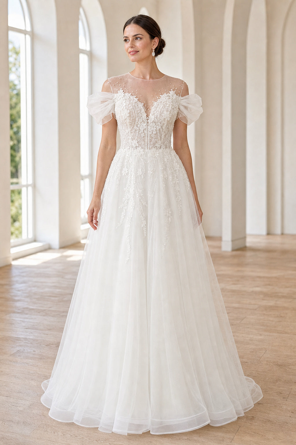 White V-neck Long Sleeves A-Line Lace Floor-length Wedding Dress With Lace and Lace Bodice