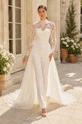 White Long Sleeve Lace Bridal Jumpsuit with Tulle Train front view