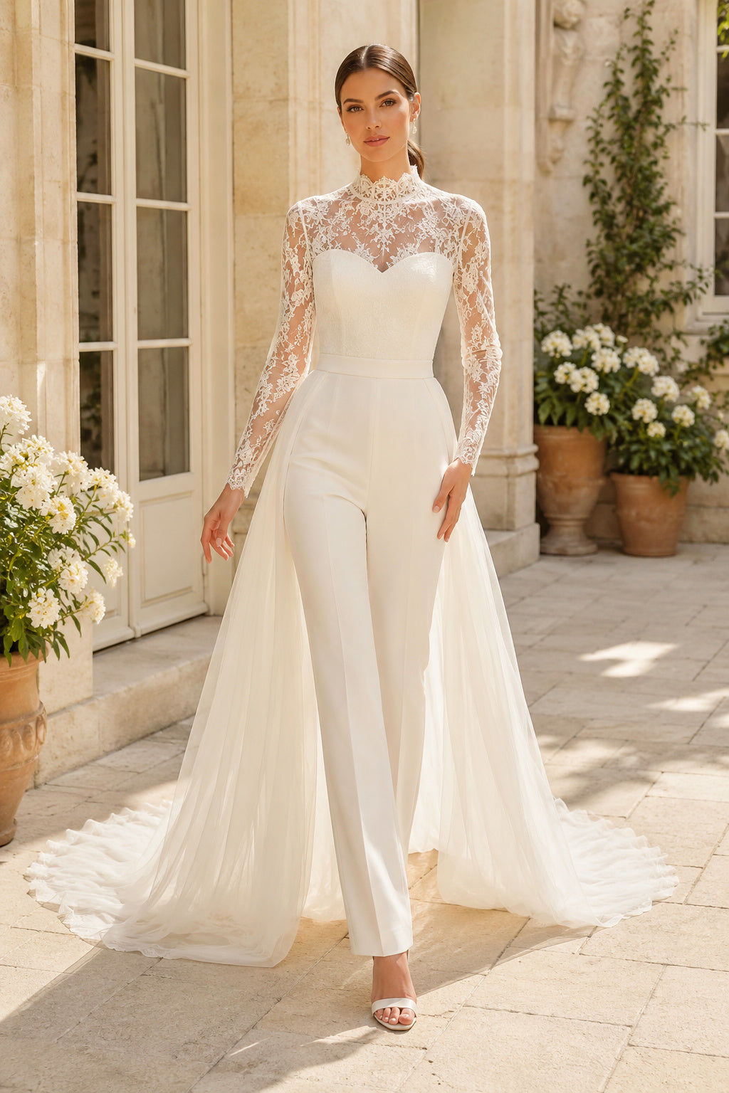 White Long Sleeve Lace Bridal Jumpsuit with Tulle Train front view