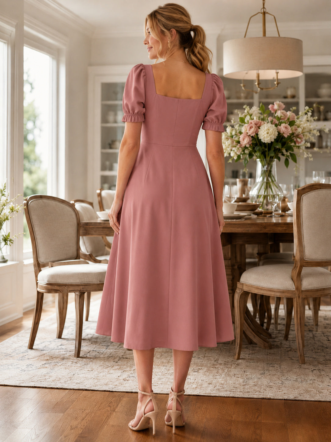 Dusty Rose Square Neck Short Sleeve A Line Midi Dress back view