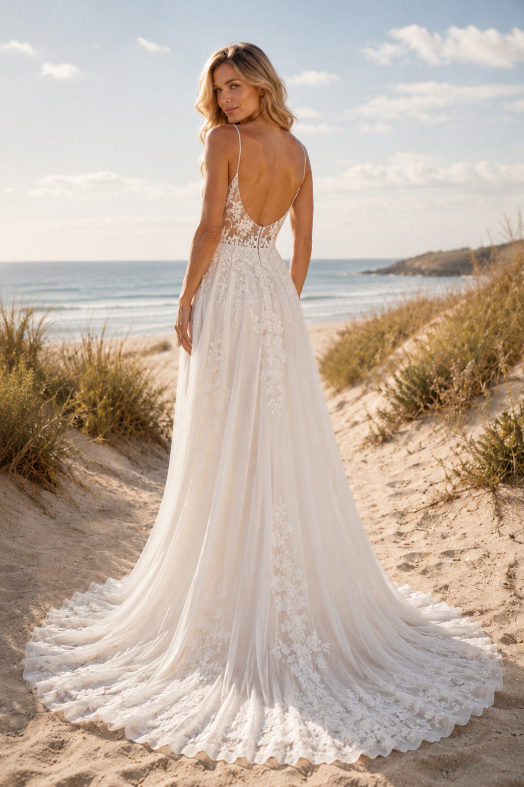 Ivory Spaghetti V-Neck Lace Tulle A-Line Wedding Dress Split Train for Wedding Ceremony and Reception Style MG_701436 back vi