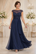 Dark Navy Chiffon A-Line Mother Dress with Cap Sleeve Illusion Lace Bodice front view