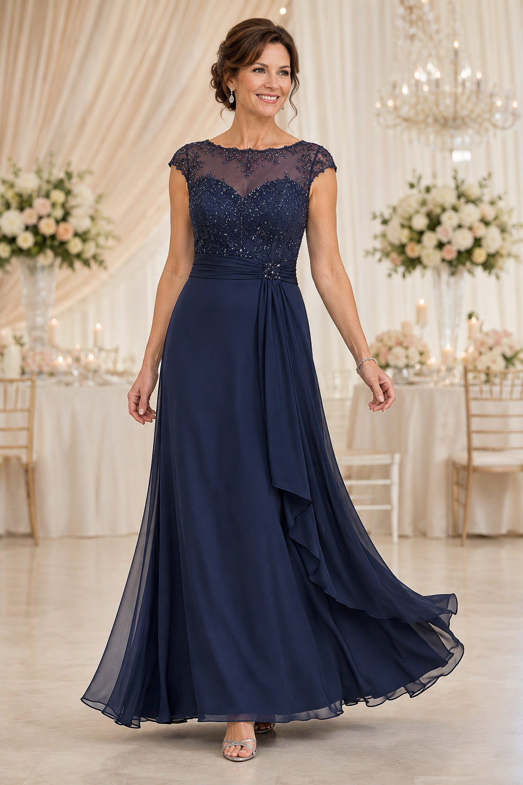 Dark Navy Chiffon A-Line Mother Dress with Cap Sleeve Illusion Lace Bodice front view