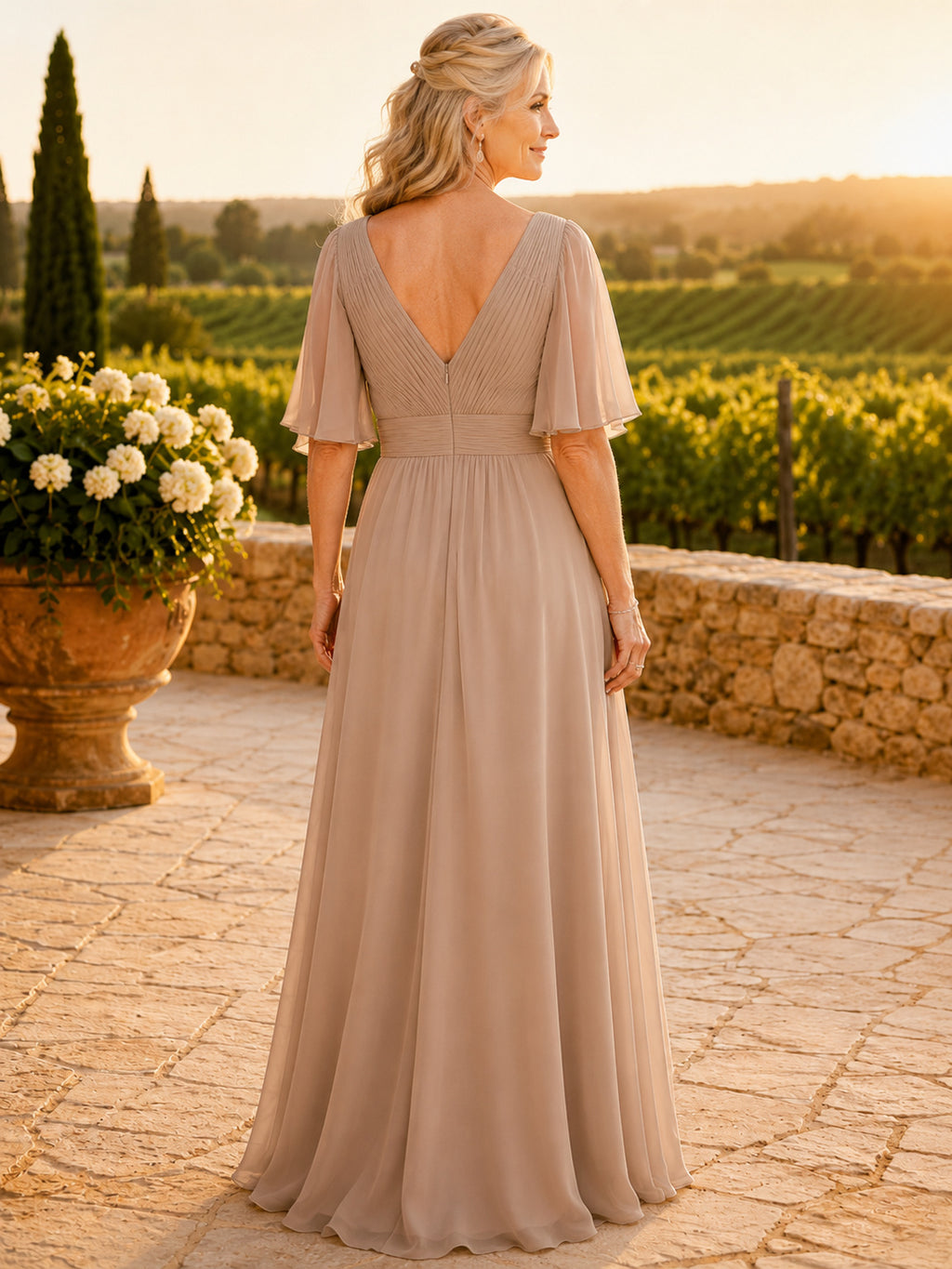 Taupe Elegant Floor-Length A-Line Mother of the Bride Chiffon Gown with V-Neck Draped Half Sleeves and Pleated Bodice back vi