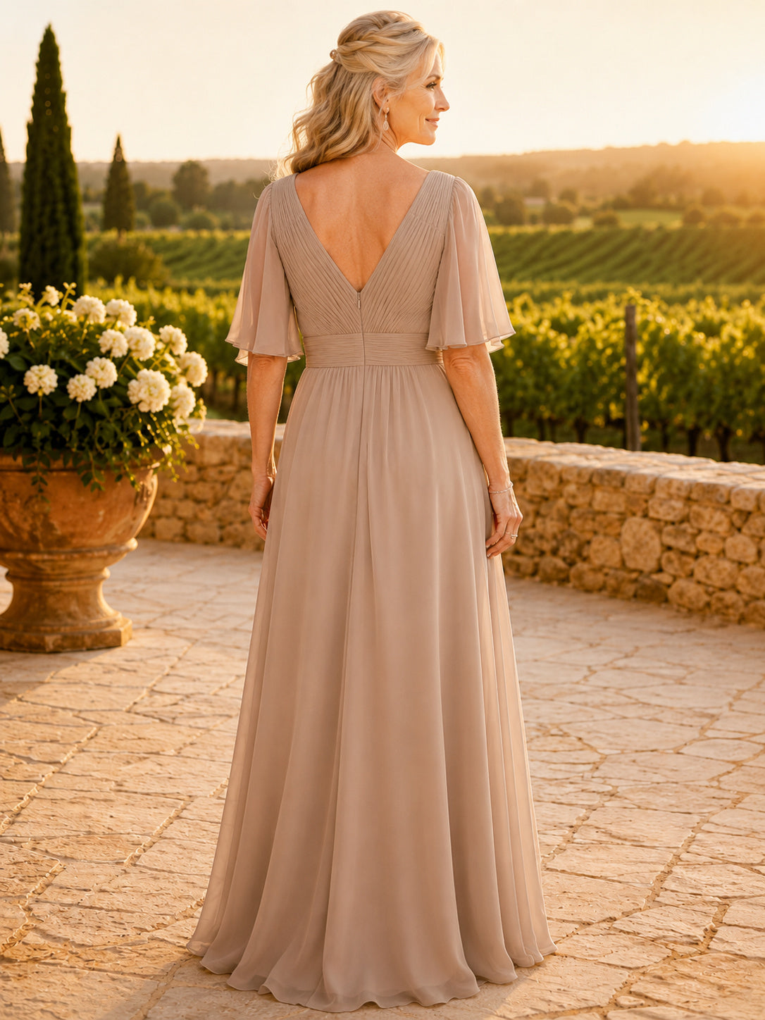 Taupe Elegant Floor-Length A-Line Mother of the Bride Chiffon Gown with V-Neck Draped Half Sleeves and Pleated Bodice back vi