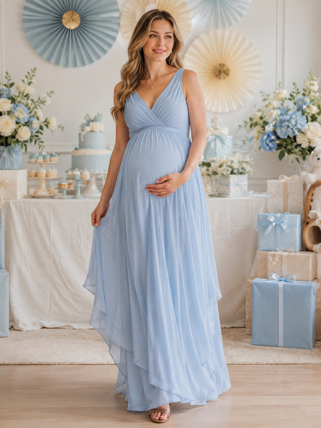 Pale Blue Sleeveless V Neck Maternity Chiffon Gown front view