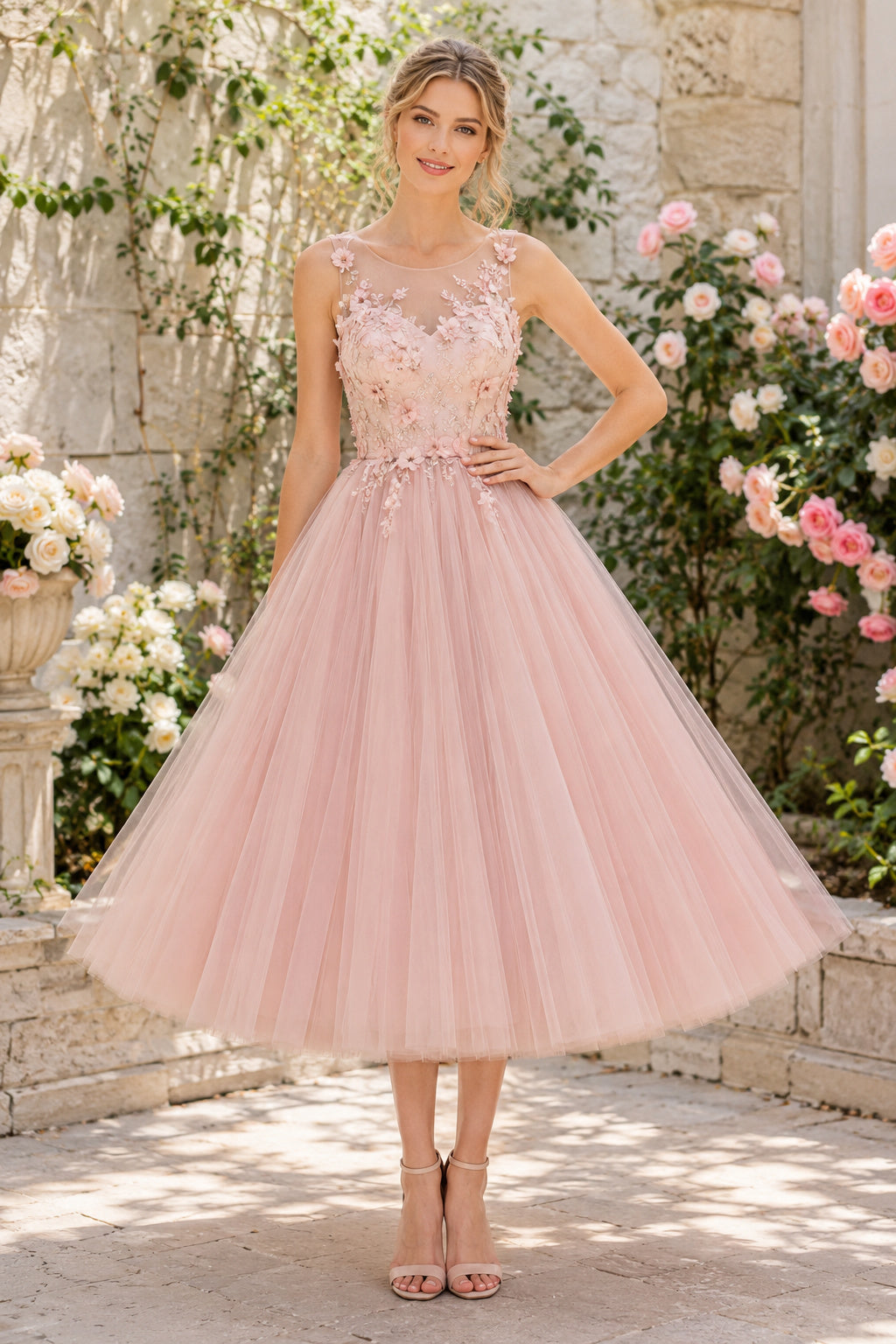 Blushing Pink One Shoulder Lace Bodice with Tea Length Tulle Skirt Tea Length A-Line Homecoming Dress front view