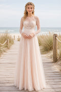 Blushing Pink High Neck Long Sleeve A-Line Wedding Dress with Soft Tulle Skirt for Beach Garden Ceremony front view