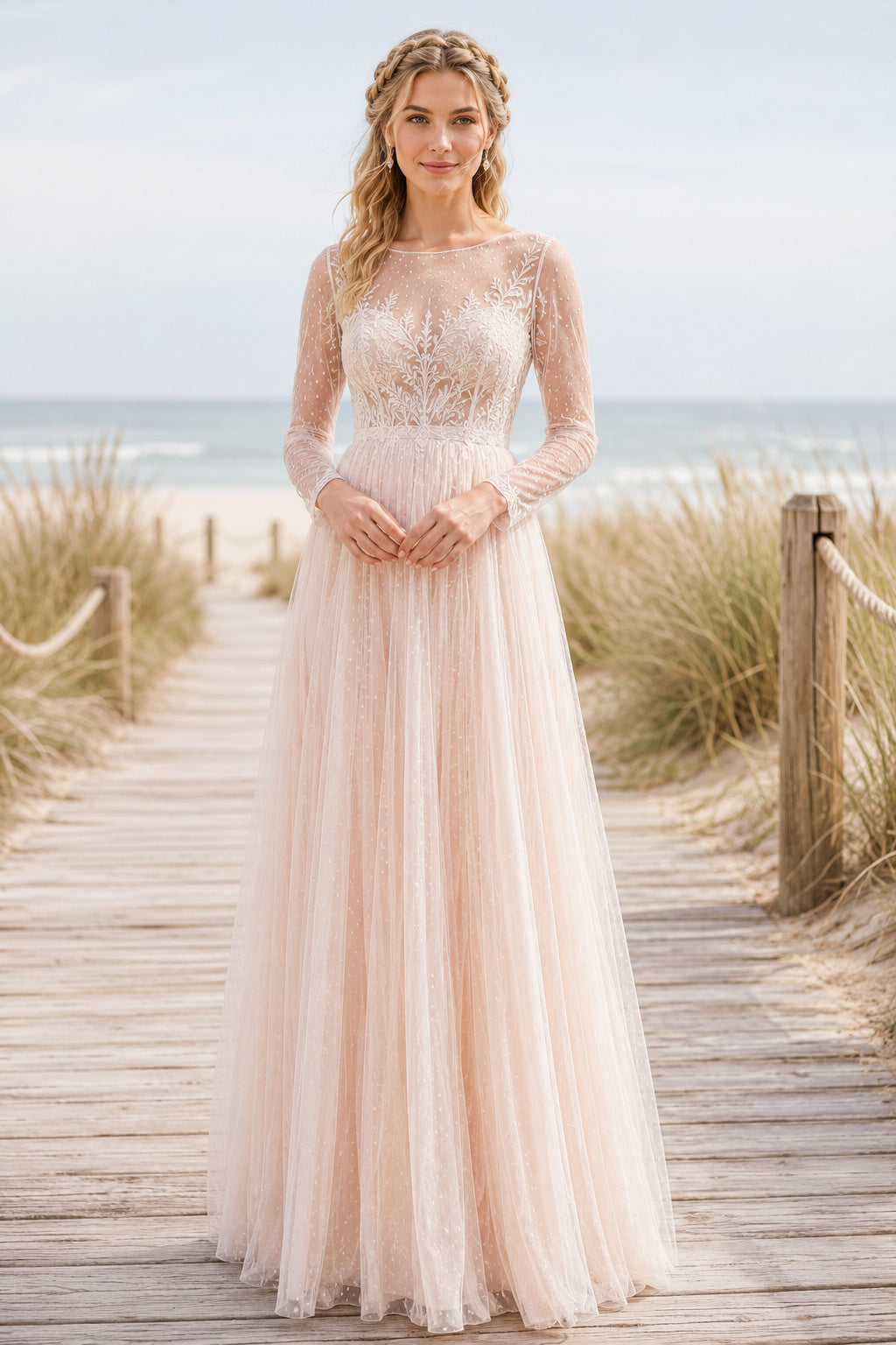 Blushing Pink High Neck Long Sleeve A-Line Wedding Dress with Soft Tulle Skirt for Beach Garden Ceremony front view