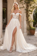 Ivory Romantic Off-the-Shoulder A-Line Soft Tulle Wedding Dress with Detached Long Sleeves and Sweep Train front view