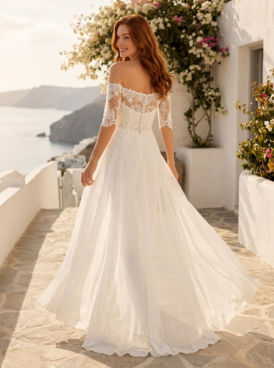 White Off-the-Shoulder Lace Sleeve Bridal Jumpsuit back view