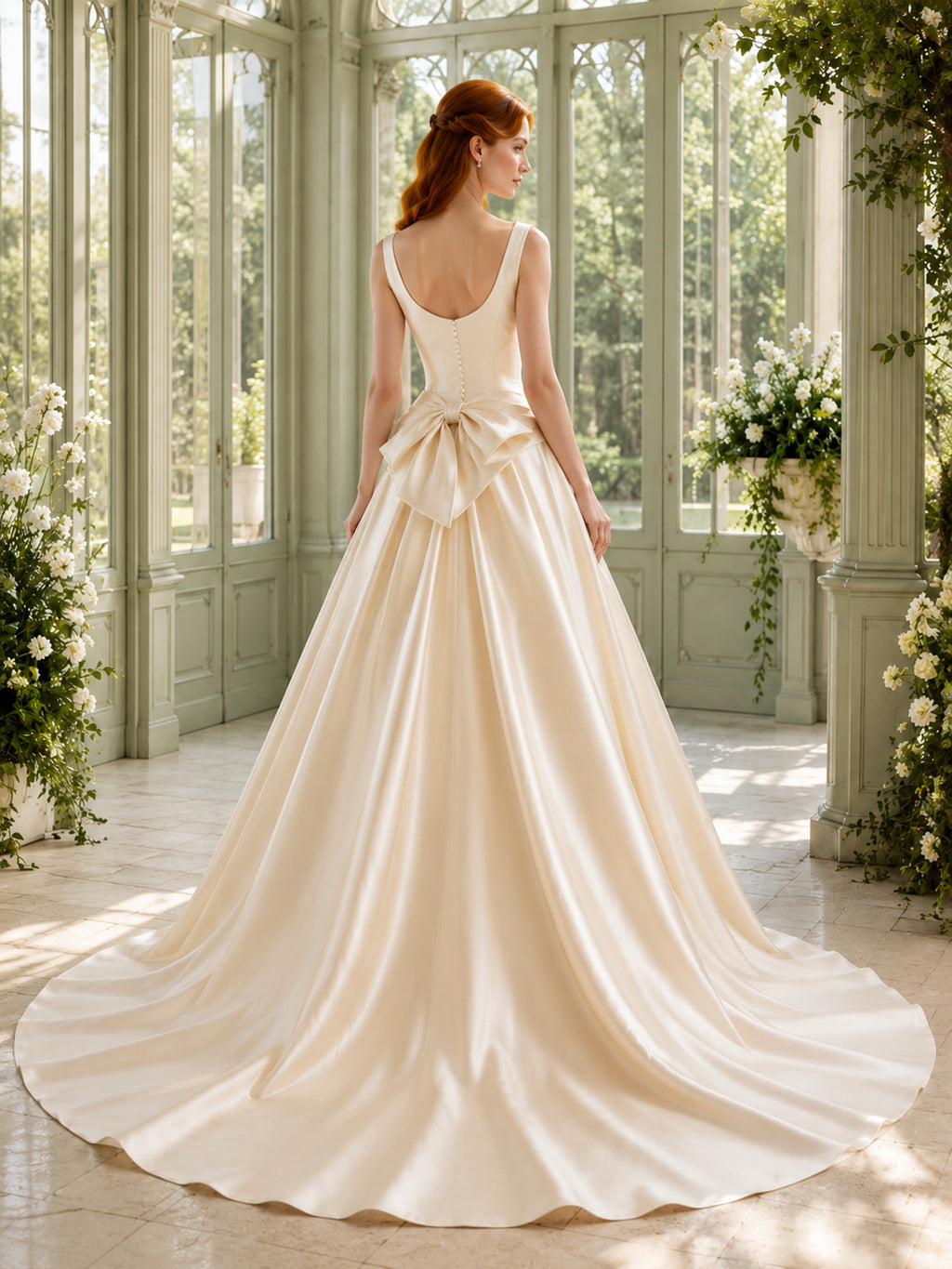 Champagne Bateau Neck Satin Bow Back A Line Bridal Gown back view