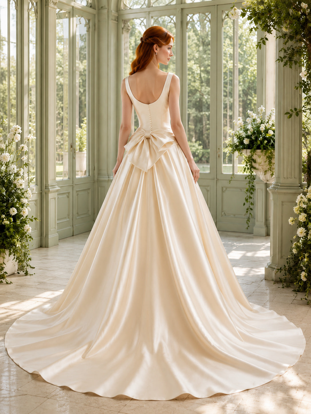 Champagne Bateau Neck Satin Bow Back A Line Bridal Gown back view
