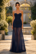 Navy Strapless Floor-Length Sheath Dress with Sheer Skirt